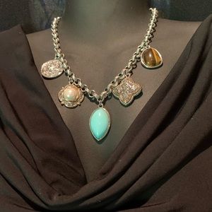 Silver Necklace with Charms of turquoise, Pearl and cat’s eye